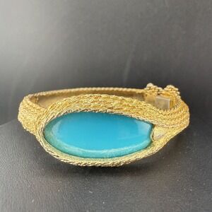 Vintage Bangle Bracelet Aqua Blue Gold Tone Hinged Signed LJM 6"
